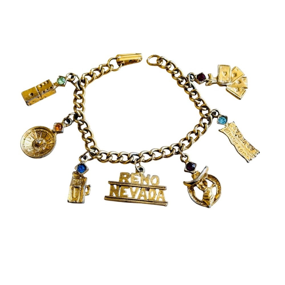 Reno Nevada Gambling Charm Bracelet VTG Retro Gold Souvenir Rhinestone 60s Vegas